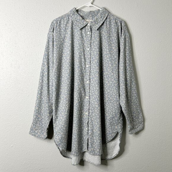 LOFT Floral Corduroy Tunic Button Up Shirt Blue Cream Size XXL - Picture 2 of 8